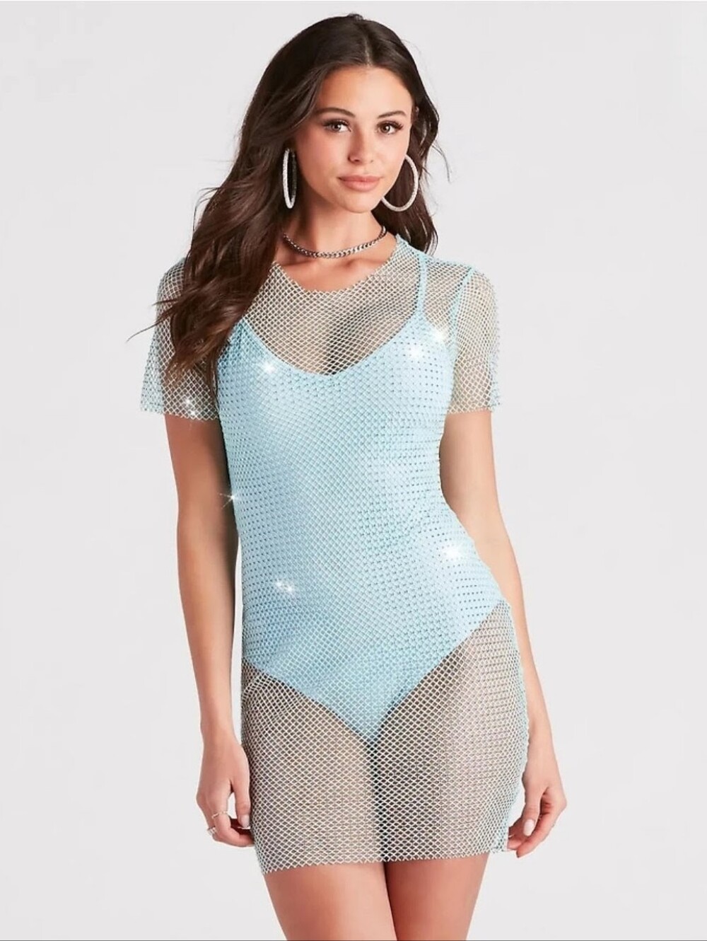 Windsor Light Blue Rhinestone Fishnet Mesh Mini Dress